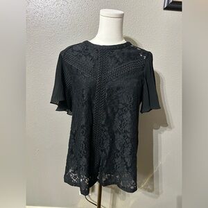 Women’s Cable & Gauge Black Lace Blouse With Flounce Sleeves Size Large